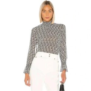 MISA LOS ANGELES Giana Black White Print Long Sleeve Sheer Smock Neck Top S